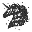 Vector silhouette of unicorns head with text. Inspirational design for print, banner, poster. Follow your dreams
