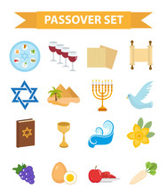Passover Icons Set. Flat, Cartoon Style. Jewish Holiday Of Exodus Egypt. Collection With Seder Plate, Meal, Matzah, Wine, Torus, Pyramid. Isolated On White Background Vector Illustration