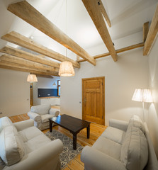 wooden design. apartment with wooden floors, ceilings and furnit