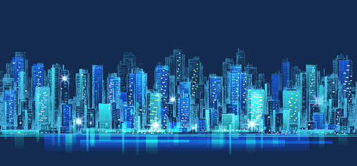 Abstract city scene on night time, cityscape vector design