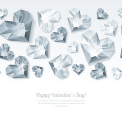 Wall Mural - Valentines day vector horizontal white background with 3d silver heart diamonds, gems, jewels. Silver holiday texture for Valentines greeting card, banner, poster, flyer, party invitation.