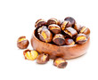 Roasted  sweet chestnuts in wooden bowl isolated on white