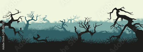 Cuadros en Lienzo Silhouettes of broken trees and marsh grass. Swamp panorama. Hor