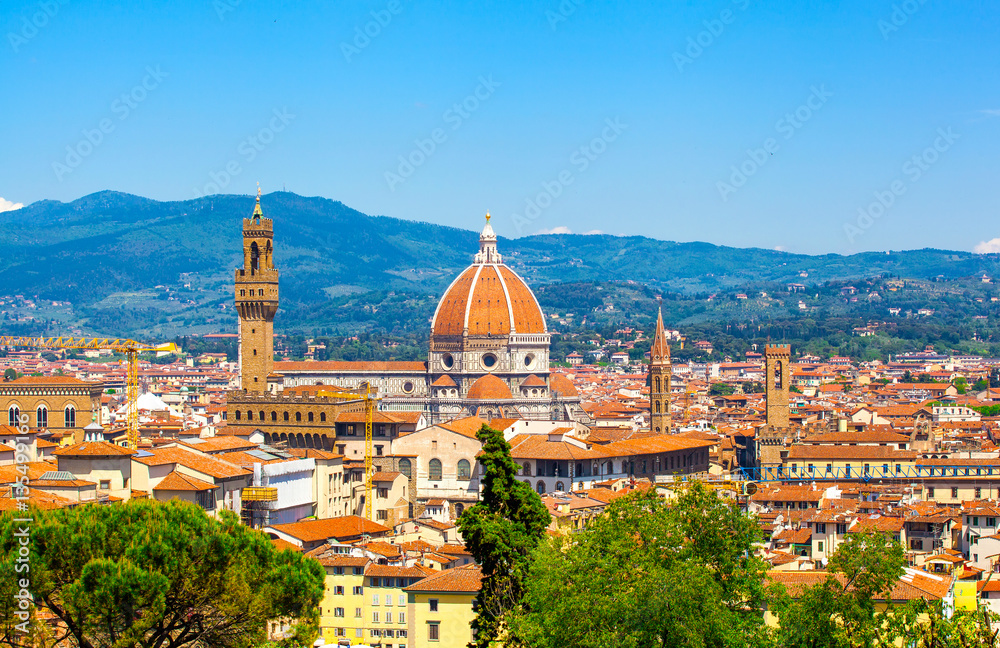 Beautiful type of Cathedral of Santa Maria del Fiore from Michelangelo's hill in summer day, Florence, Italy - obrazy, fototapety, plakaty 
