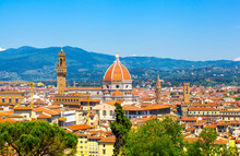 Beautiful Type Of Cathedral Of Santa Maria Del Fiore From Michelangelo's Hill In Summer Day, Florence, Italy