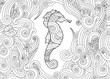 Hand drawn sketch of seahorse surrounded by waves in zentangle inspired style.