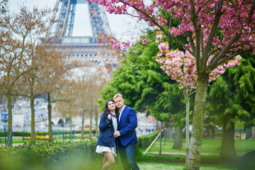 Wall Mural - Romantic couple in Paris near the Eiffel tower