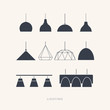 Set of silhouettes of the lamps on a light background. Furniture icons. Vector illustration.
