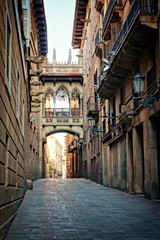 Canvas Print - Historic covered bridge in the Gothic Quarter of old Barcelona, Spain