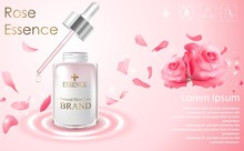 Cosmetic Ads Template With Essence Bottle And Red Rose On Light Pink Background