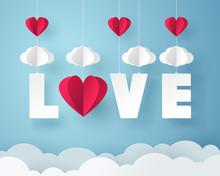 Paper Art Of Love With Heart And Cloud Hang On Sky, Origami