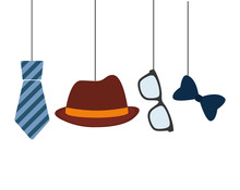 Hat Tie Glasses And Bow Hanging Decorative Card Father Day Vector Illustration Eps 10