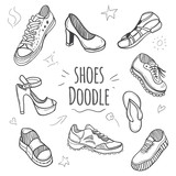 Boots doodle collection. Set of doodle shoes with sneakers, loafers, flip  flops and sandals.Vector black and white illustration. Stock Vector | Adobe  Stock