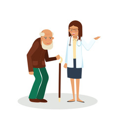 Pensioner with doctor. Old man with doctor. Care for the elderly vector illustration. Old man and young doctor woman on white background.