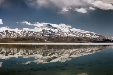 The shore of sacred Rakshastal lake (4541 m) near Gurla-Mandhata Mount (7694 m) in Western Tibet.