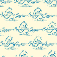 Wall Mural - Blue hand drawn waves vector seamless pattern