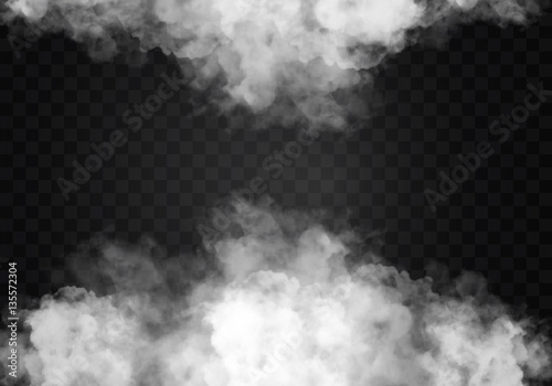 Plakat Mgła lub dym na białym tle przezroczysty efekt specjalny. Wektor biały zachmurzenie, mgła smog tle. ilustracja