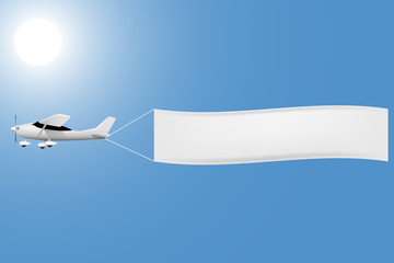 White plane with a banner in the sky, vector template