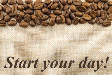 Wall Mural - Burlap Sackcloth Canvas and Coffee Beans Photo Background. Copy