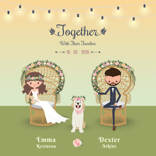 Rustic Bohemian Cartoon Couple Wedding Invitation Card With Dog