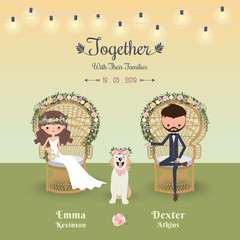 Wall Mural - Rustic bohemian cartoon couple wedding invitation card with dog