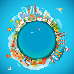 The Earth and different locations. Travel concept vector illustr