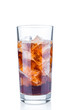 Glass with fizzy cola and ice cubes on white background