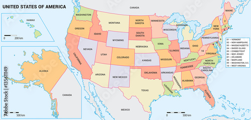 Usa Map With Federal States Including Alaska And Hawaii United
