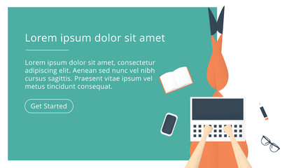 Poster - lazy woman sitting on the floor and working with laptop in social networks.
