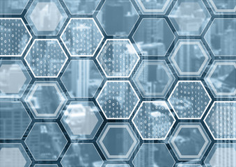 Blockchain or digitization blue and grey background with hexagonal shaped pattern