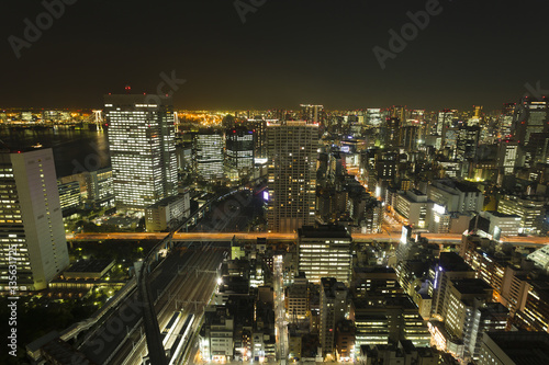 東京都市風景 夜景 大都会の喧噪 様々な交通が交差 芝浦 田町 モノレール 新幹線 俯瞰 Stock Photo Adobe Stock