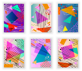 Colorful trendy Neo Memphis geometric poster set. Retro style texture, pattern and geometric elements. Modern abstract design poster, cover, card design.