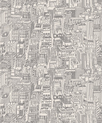 Vintage design newsprint hand drawn seamless pattern with big city. Vector illustration with NYC architecture, skyscrapers, megapolis, buildings, downtown.