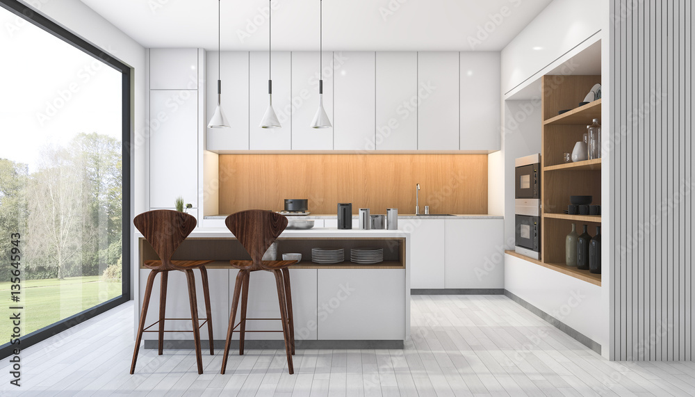3d rendering white modern kitchen with bar near window Stock ...