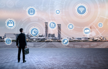 Leinwandbilder - modern industry buildings and various technological symbol icons, smart factory, internet of things, smart city, abstract image visual