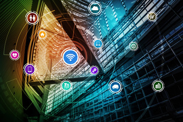 Leinwandbilder - smart building and wireless communication network concept, Internet of Things, Information Communication Network, Smart City, Smart Grid, abstract image visual