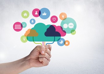 Poster - Hand holding digital composite clouds with digital icon