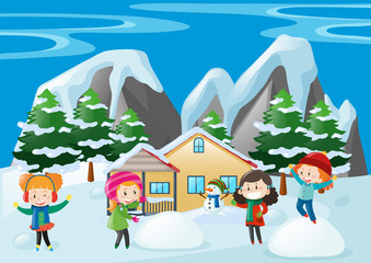 Wall Mural - Children playing in snow at home