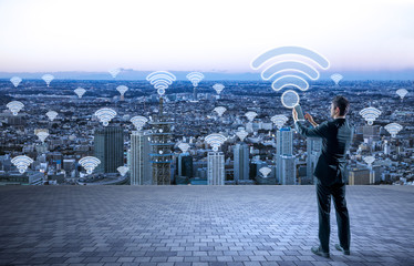 Fototapete - modern city skyline and wireless communication network, smart city, internet of things, information communication technology, abstract image visual