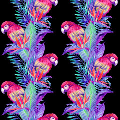 Wall Mural - watercolor parrots with tropical flowers seamless pattern