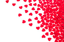  Valentine's Day  Decorative Border Of Red Hearts Confetti Isolated On White Background. Festive Valentine Backdrop.