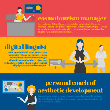 Future professions set. Futuristic occupation. Art Teacher, Paint Instructor or Trainer. Personal woman couch of art. Cosmo tourism manager. Digital linguist.