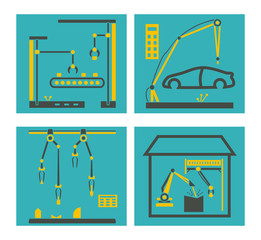 Wall Mural - Conveyor manufacturing with robot arms. Robots hands packaging and electronic assembly factory vector illustration