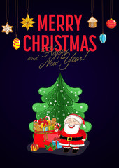 Wall Mural - Merry christmas and Happy New Year cartoon concept. Cheerful Santa, sack of gifts, sweets, holly, toys. Christmas tree vectors on black. Xmas celebrating. For greeting card, party invitation design