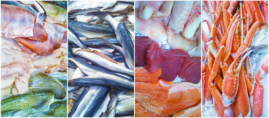 Seafood at the fish market. Image of four photos. Focus concept.