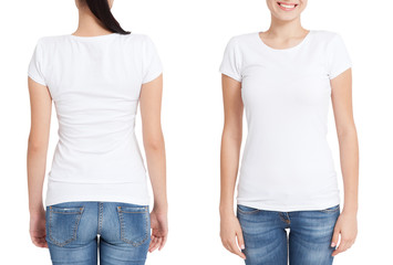 T-shirt design and people concept - close up of young woman in blank white shirt, front and rear isolated. Mock up tamplate for design print