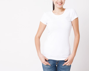 Wall Mural - T-shirt design, people concept - closeup of young woman in blank white t-shirt, shirt, front isolated. Mockup square.