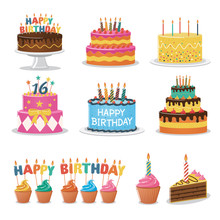 Set Of Birthday Cakes. Birthday Party Elements.
