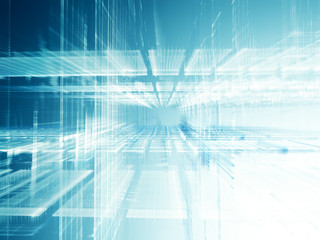Poster - Abstract background element. Fractal graphics series. Three-dimensional composition of glowing artifacts. Information processing concept. Blue and white colors.