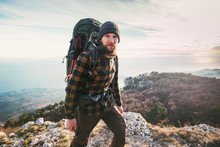 Bearded Man Backpacker Hiking In Mountains Travel Lifestyle Concept Adventure Active Vacations Outdoor Mountaineering Sport